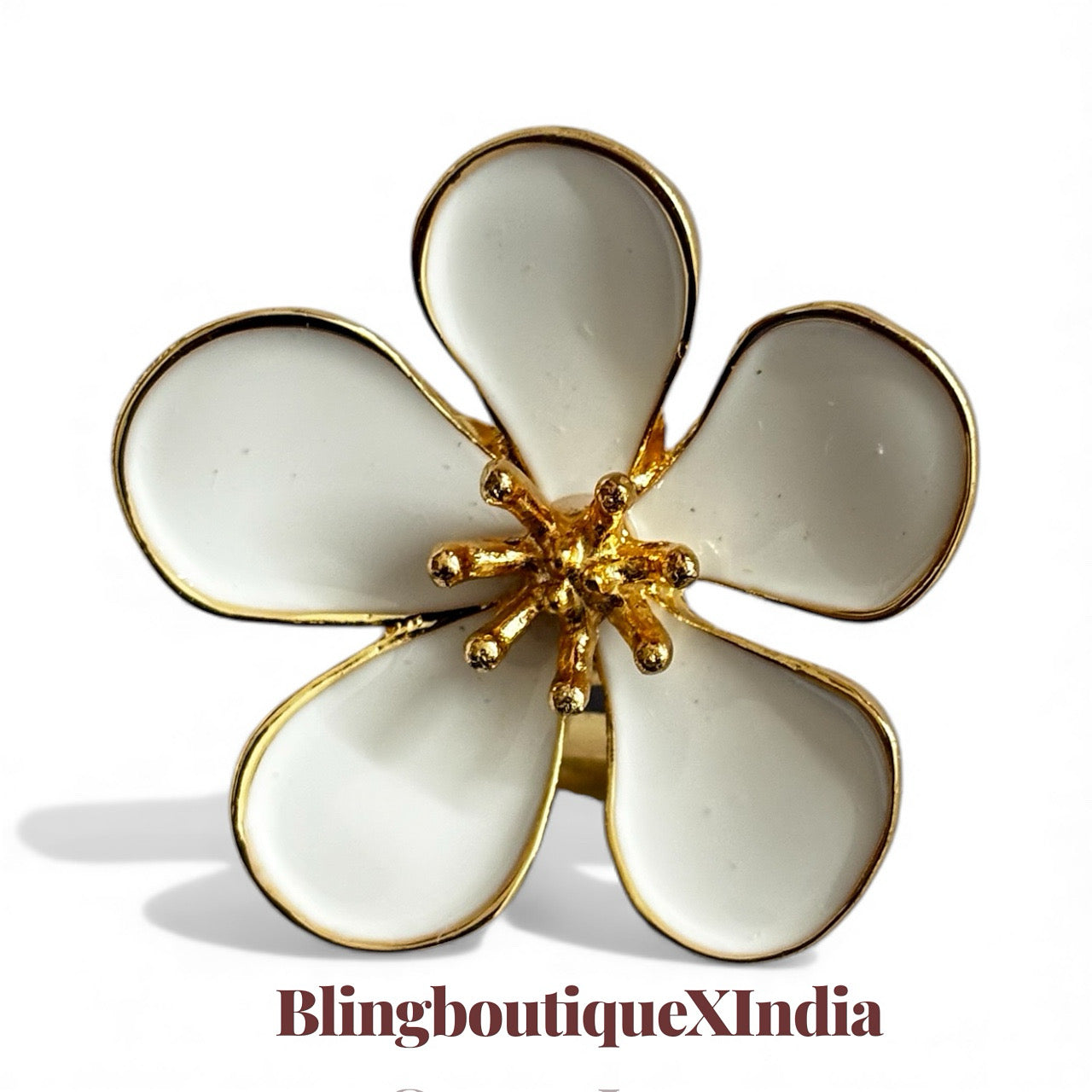 Elegant White Enamel Flower Statement Ring – Gold-Plated | BlingboutiqueXIndia