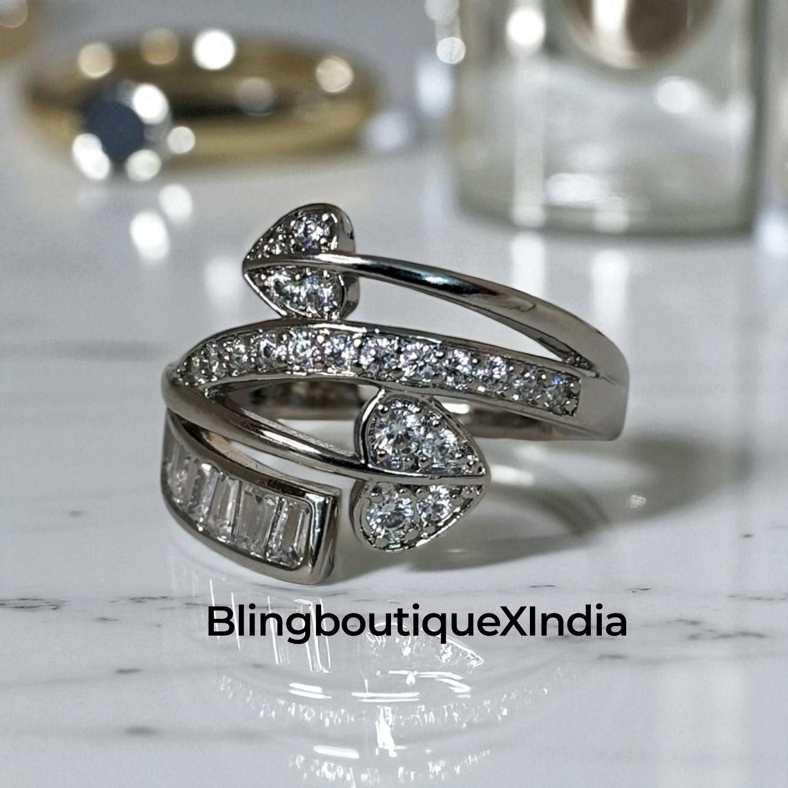 Silver Arrow Cubic Zirconia Statement Ring – Modern Open Design | BlingBoutiqueXIndia