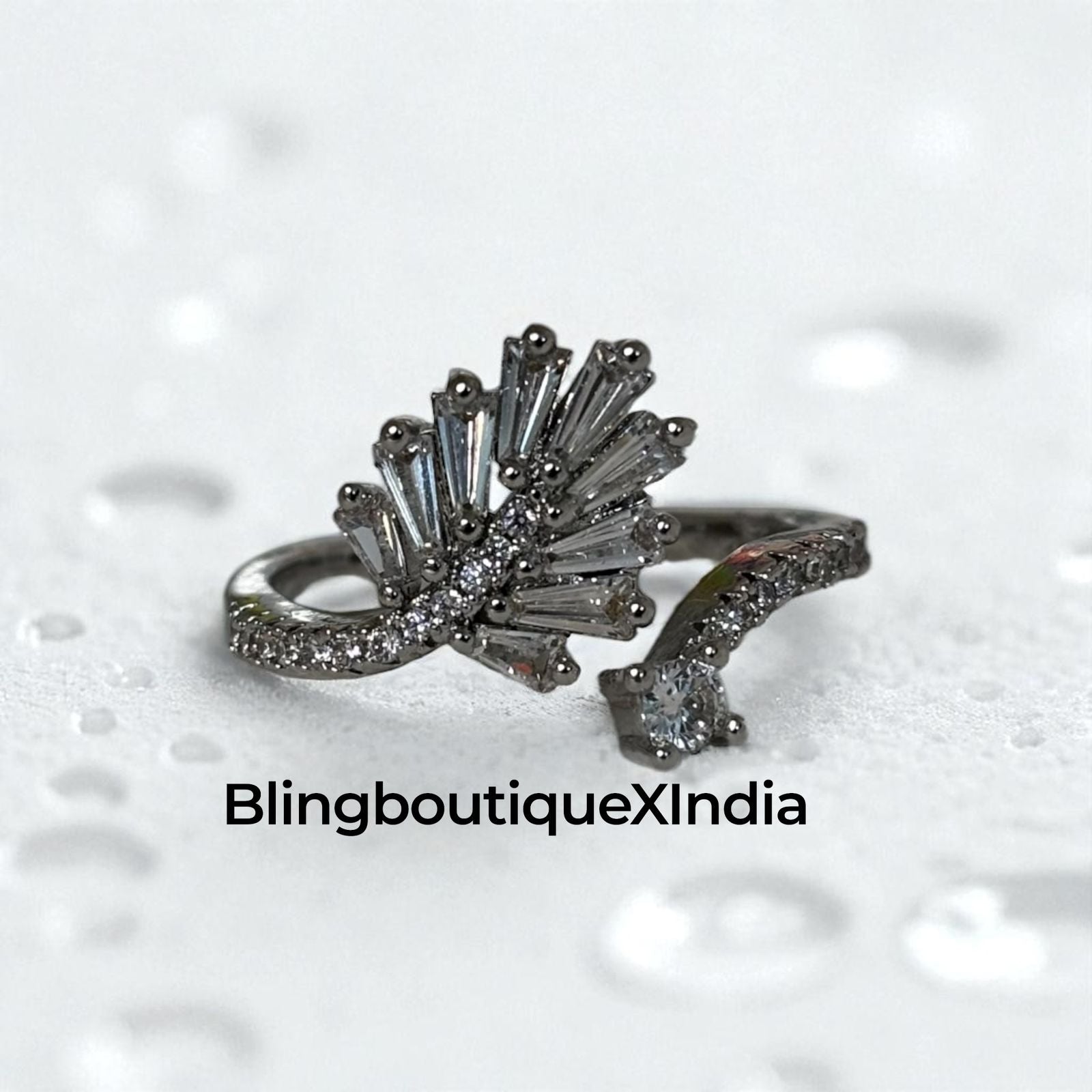Crystal Fantasy Fan Cocktail Ring – Silver Finish | BlingBoutiqueXIndia