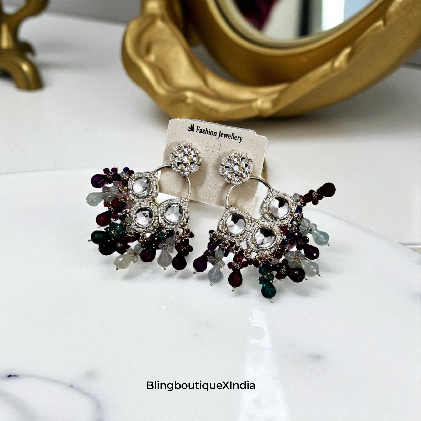 Multi-Gem Festive Chandbali Earrings – Silver & Color Dangles | BlingBoutiqueXIndia