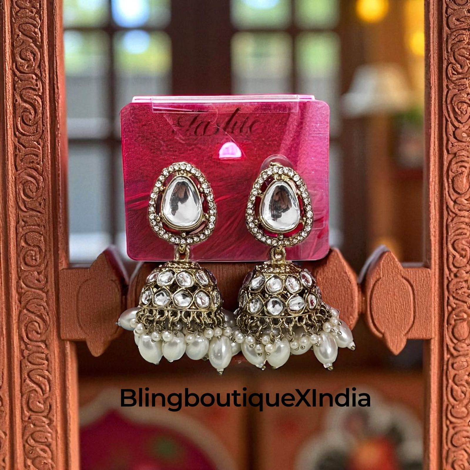 Heritage Kundan Pearl Jhumka Earrings – Antique Gold | BlingBoutiqueXIndia